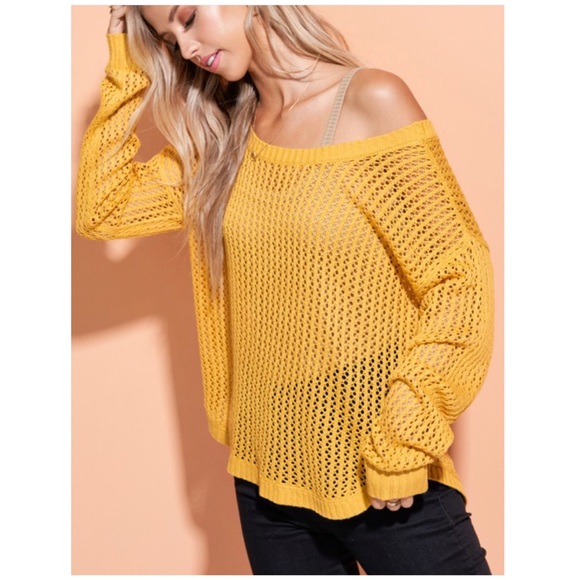 Mustard Honeycomb Hi Lo Knit Long Sleeve Sweater - Picture 3 of 4